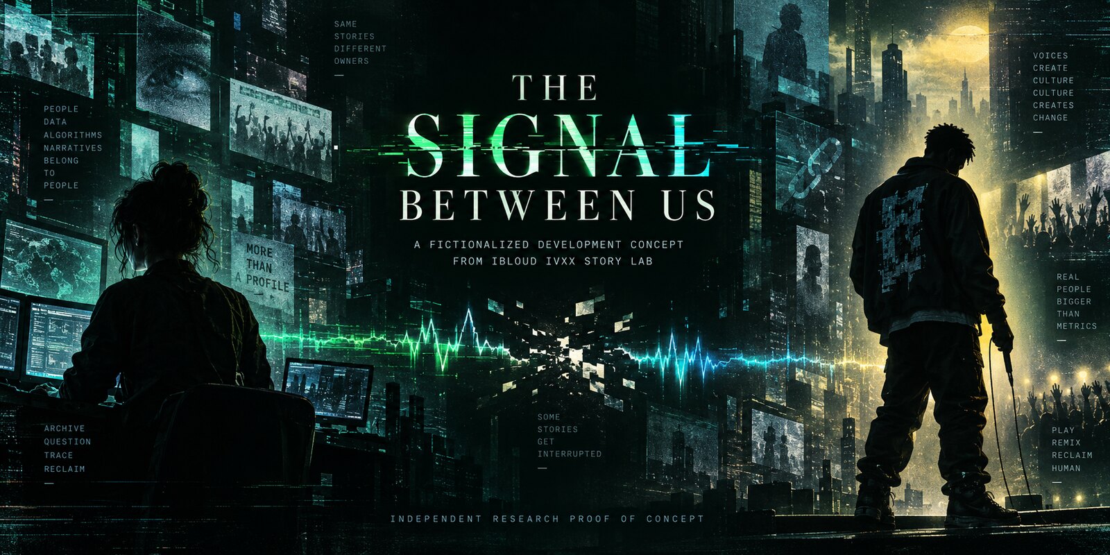 Concept poster for The Signal Between Us. A fictional woman systems researcher and a fictional male music performer stand on opposite sides of a fractured green and cyan signal inside a dark digital city.