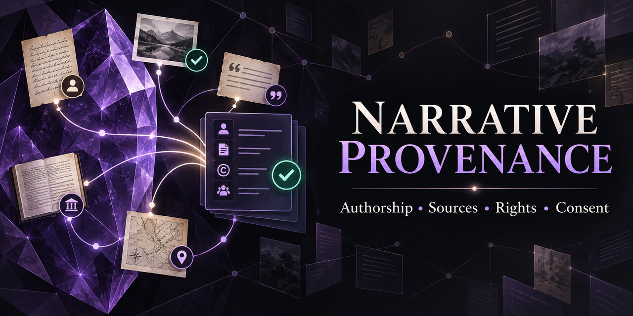 Narrative Provenance artwork showing documents, sources, rights, consent, and verification connected through an amethyst evidence network.